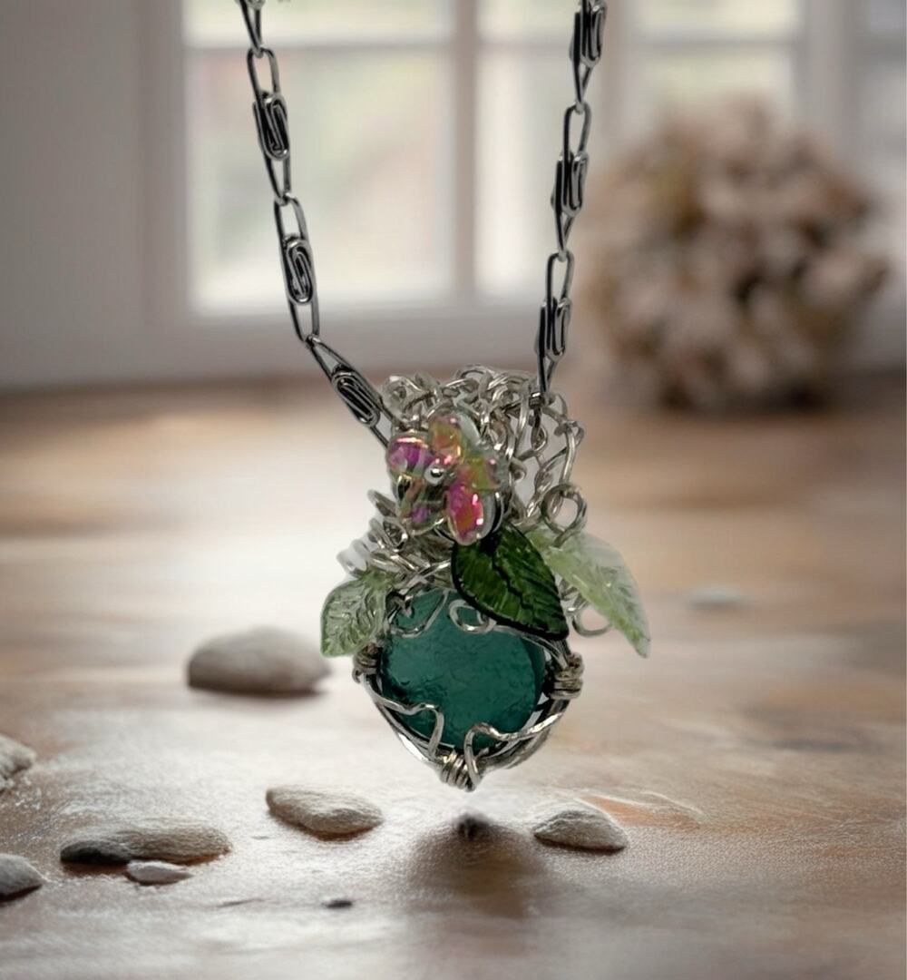 Handmade Roman Glass Wire Wrapped Pendant Necklace 25" Paperclip Chain